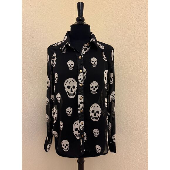 Mona B Sheer Skull Print Button Down Hi Lo Top- Sz M - Picture 1 of 10